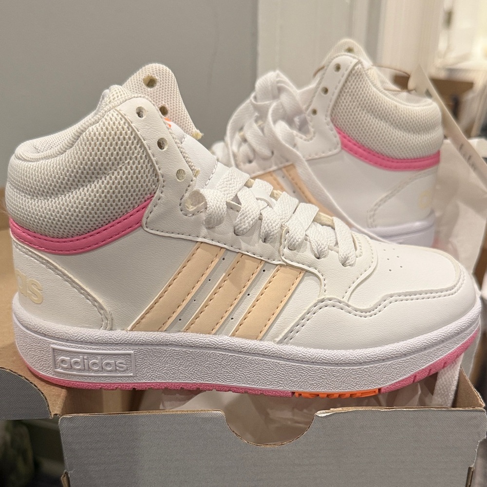 Adidas Hoops Mid 3.0k White and Pink High-Tops with Peach Stripes